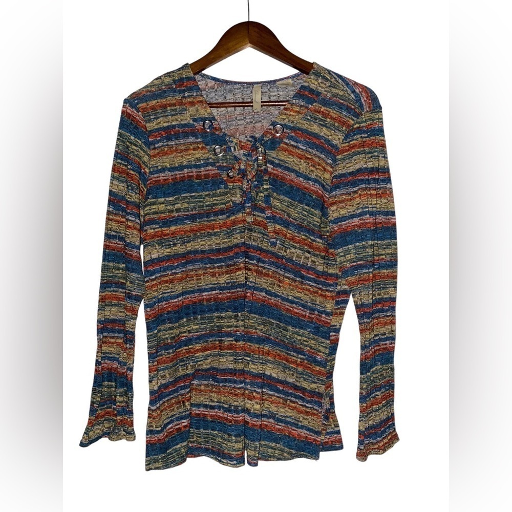 Chenault Striped Southwestern Long Sleeve Pullover Tie Front Sweater Women XL